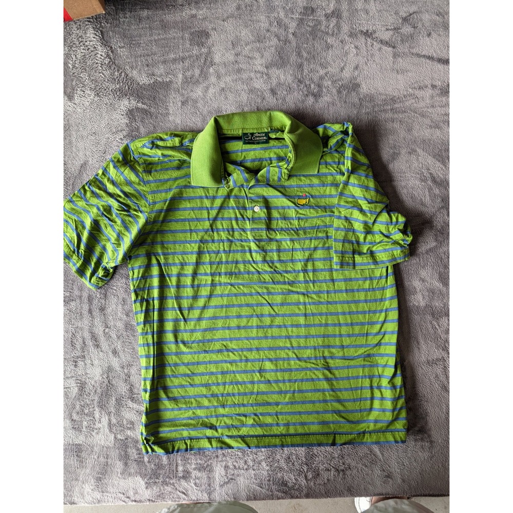 Amen Corner Masters Mens Large Green Blue Striped Pima Cotton Polo Golf Shirt